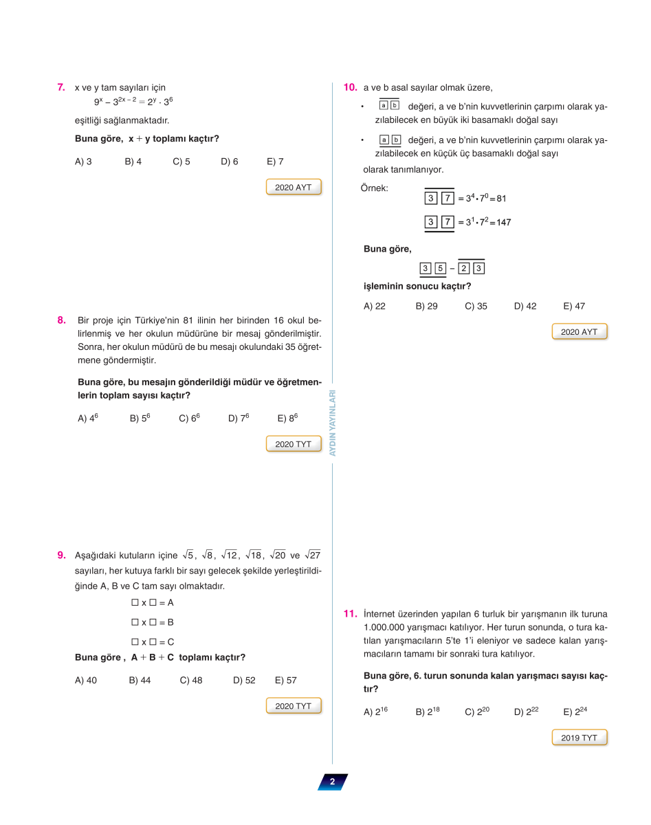 9. Sınıf Matematik KÖSB Üslü Ve Köklü Sayılar Ünitesi Çıkmış ÖSYM Soruları